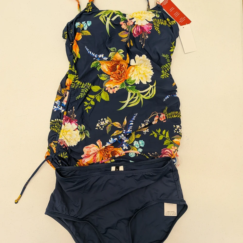 Jantzen Navy Floral Ruched Two-Piece Tankini NWT - Picture 2 of 8